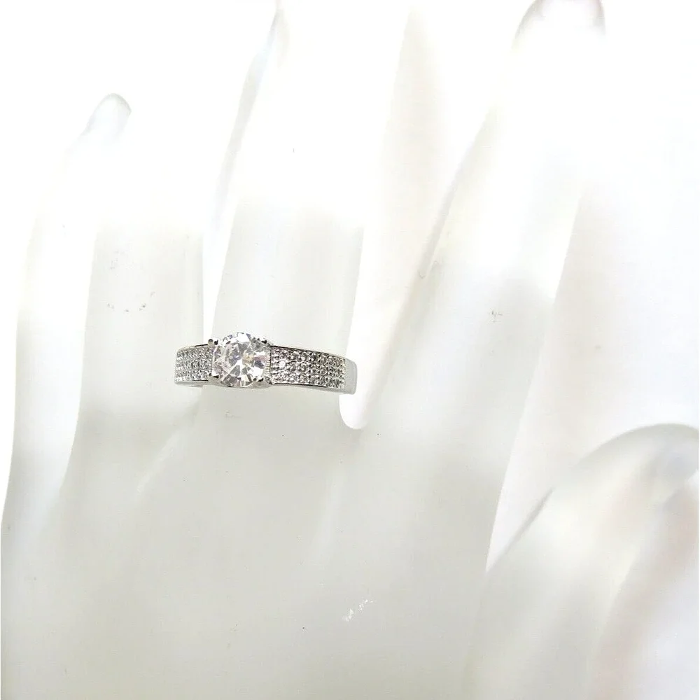 Sterling Silver Crystal Solitaire Ring with Pavé Band